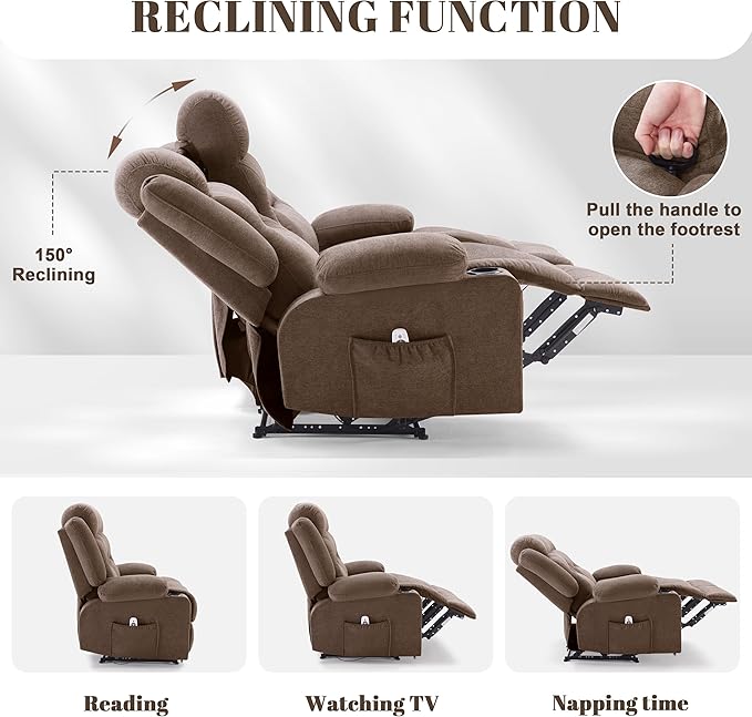 Oversized Recliner Sofa with Massage and Heat Large Big 3-Seater RV Recliner Couch Sofa for Living Room Wall-Hugger Reclining Sofa with Cup Holders and USB Port (Fabric Brown)