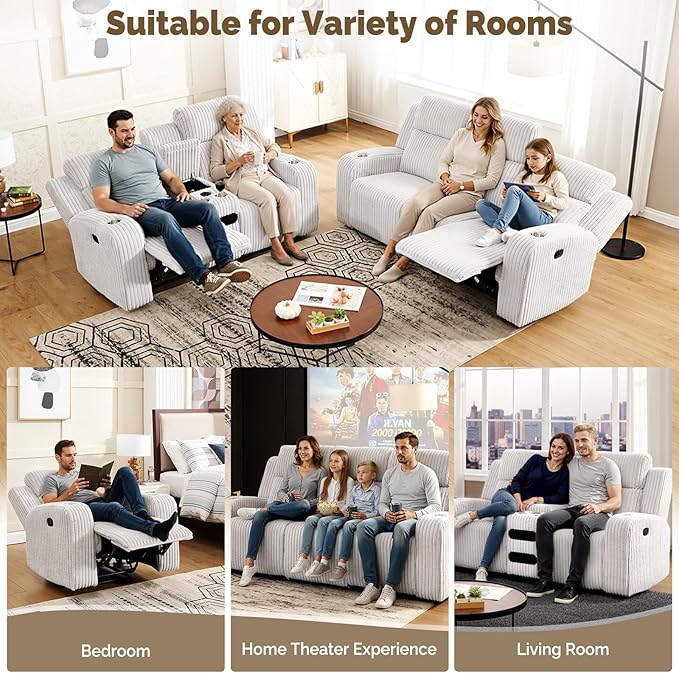 Corduroy Manual Recliner Sofa Set Living Room Furniture Set Reclining Sofa and Loveseat Set Console Cup HoldersGrey(Chair)