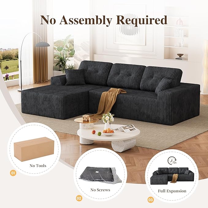 Ball &amp Cast 106 Boneless Sectional Sofa Corduroy Modular L Shaped Couch with Deep Seat Chaise Cloud Style Oversized Sofa for Living Room No Assembly Left Facing Grey