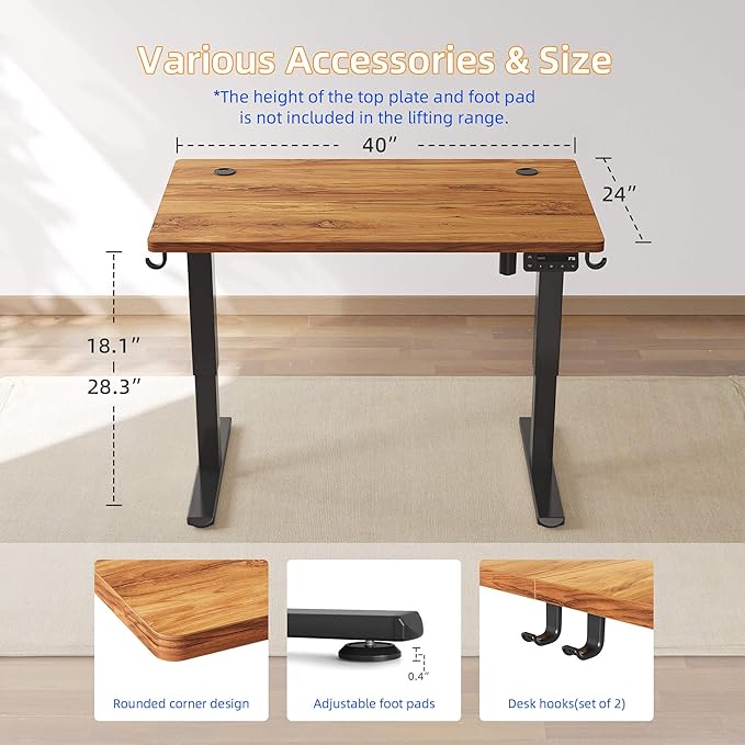 YIHAYO Low Height Adjustable Desk Lifts 18.1-28.3 Inches Electric Standing Desk for Short People 40 x 24 Inches Computer Table with Splice Board for Home Office Rustic Brown