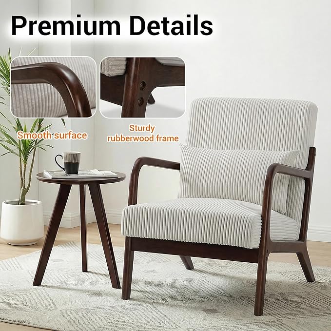 Accent Chair with Side Table Comfy Arm Chair with Solid Wood Frame Upholstered Mid-Century Modern Chair for Living Room Bedroom Waiting Room Beige