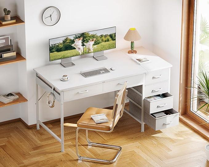 ODK Computer Desk with 6 Drawers 48 Inch Office Desk with Storage Reversible Desk with Headphone Hook for Home Office Work Study Table Vanity for Bedroom White