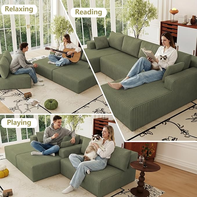 124 Corduroy U-Shaped Sectional Sofa Modern Modular Boneless 4-Seater Couch with 6 Pillows Upholstered Deep Seat DIY Cloud Sofa for Living Room No Assembly Required (Green)