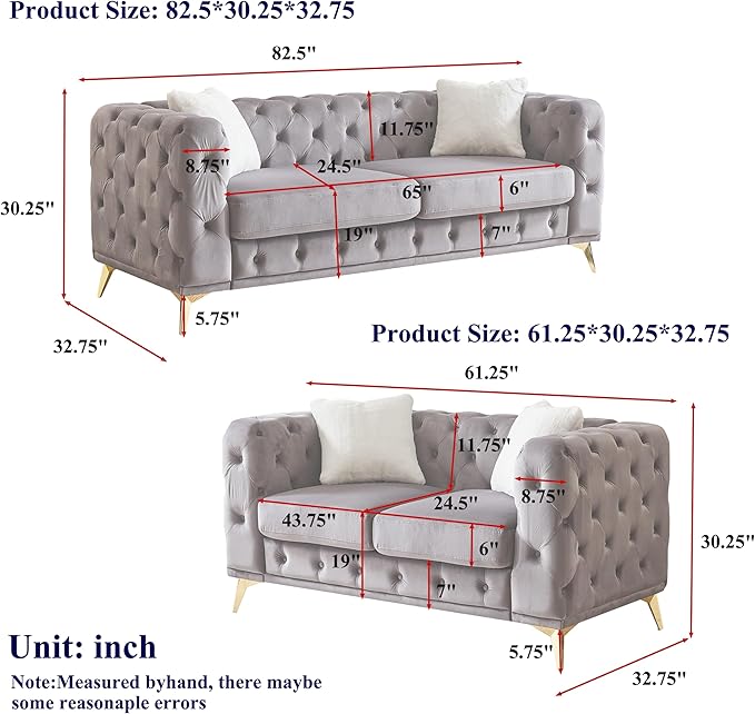 KEIKI 2-Piece Luxury Chesterfield Sofa Set with 1 Velvet 3-Seater Sofa &amp 1 Loveseat Sofa Mid-Century 5-Seater Tufted Button Couch Set with 4 Pillow &amp High-Density Foam Cushion for Living Roo