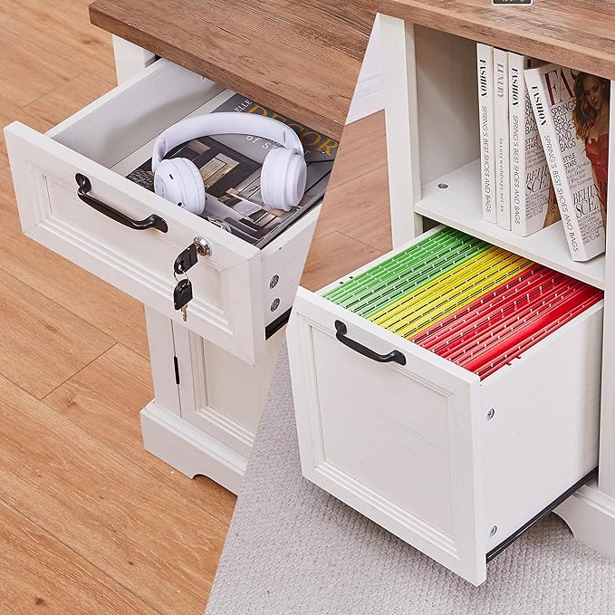 60 Farmhouse L-Shaped Executive Desk with HutchSecretary Desk with HutchCharging StationLockable Drawer Adjustable File Cabinet &amp Shelves for Home Office