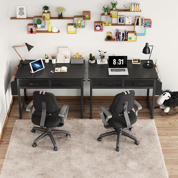 DLisiting Small Desk with Fabric Drawers for Bedroom 32 Inch Gaming Desk with 2 Drawers for Small Space Study Writing Table PC Desks Black