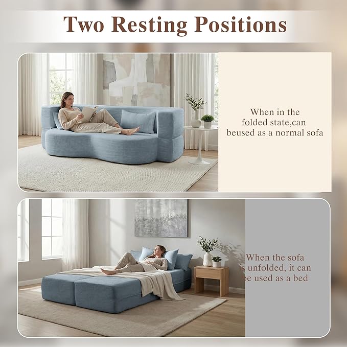Convertible Sofa Bed 78'' Queen Size Folding Sleeper Sofa with Pillow 2-in-1 Teddy Fabric Boneless Loveseat Floor Couch &amp Mattress for Living Room Guest Room No Assembly Required (Blue)