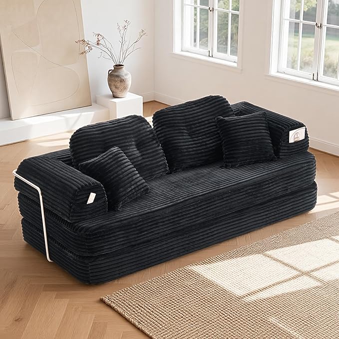 Floor Sofa Bed Corduroy Modular Couch for Small Apartment &amp Compact Space Convertible Futon Sofa with Large Ergonomic Back Cushions No Assembly Modern Loveseat (Graphite 82'')