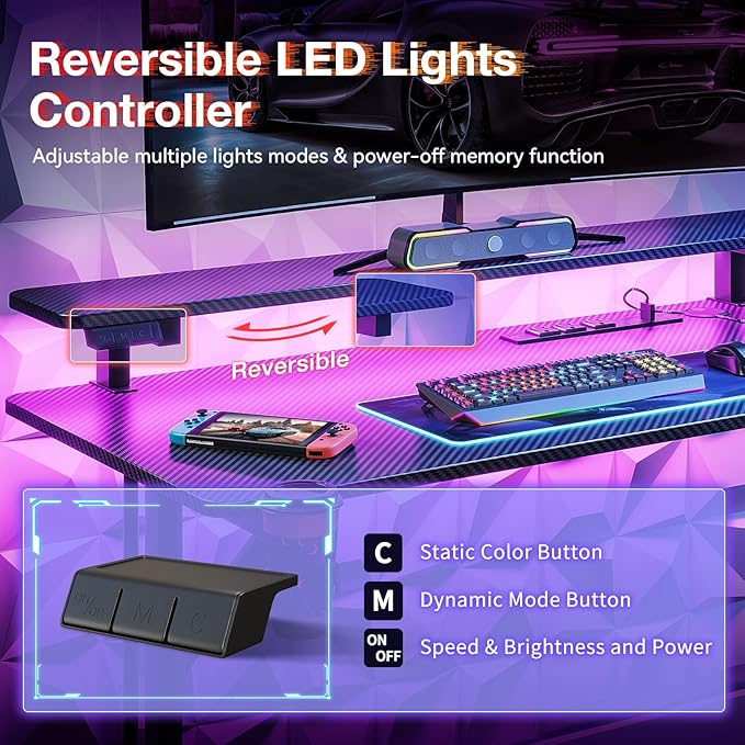MOTPK 39 Inch Small Gaming Desk with LED Lights Computer Desk Gaming Table with Monitor Shelf Gamer Desk with Carbon Fiber Texture Kids Boys Desk Gift for Men