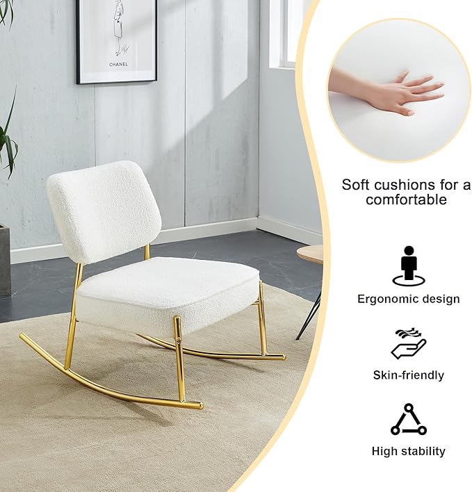 Teddy Suede Material Cushioned Rocking ChairUnique Rocking ChairCushioned seat White Rocking Chair with backrest and Golden Metal Legs. Comfortable Chairs in Living Room