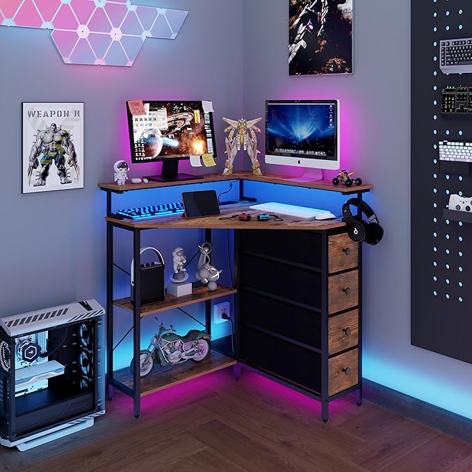 Corner Desk with Drawers Shelves for Small Space 90 Degrees Triangle Computer Desk with Power OutletsGaming Desk with LED Lights Monitor Stand for Home Office Workstation Writing Table (Brown)