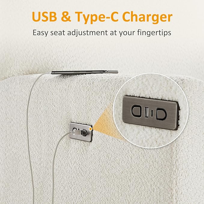VANOMi Power Swivel Glider Recliner Chair Electric Nursery Rocker Recliner Chair USB &amp Type-C Charger Boucle White