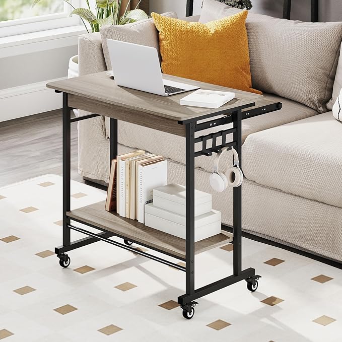 Giantex Rolling Computer Desk Mobile Desk with Keyboard Tray &amp Wheels Portable Laptop PC Table Cart with Shelf &amp Hooks Small Desk for Small Spaces Bedroom Apartment (Grey Oak)