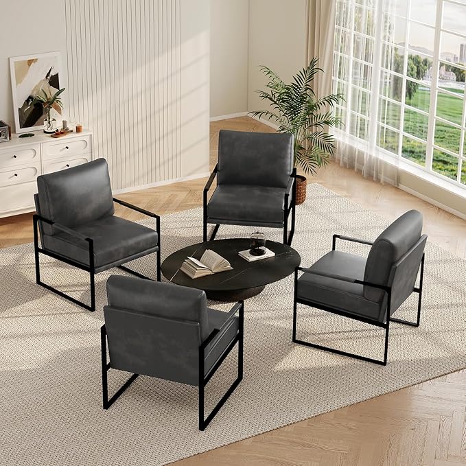 CANMOV Mid Century Modern Accent Chair Set of 4 Breathable PU Leather Armchair with Removable Cushion Comfy Living Room Chairs with Sturdy Metal FrameThicker Backrest for Living RoomDark Grey