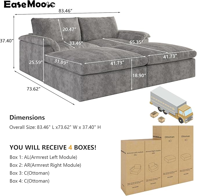 EASE MOOSE Oversized Cloud Couch Sectional Sofa Large Modular Couch for Living Room Minimalist Boneless Convertible Couches with Ottoman Deep Seat Sofas for Bedroom Chenille (Grey)