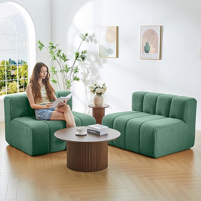 LEVNARY 2-Piece Modular Sectional Sofa All-Foam Compressed Rectangular Couch Set Cloud Sofa Modules for Apartment Small Space Living Room (Green)