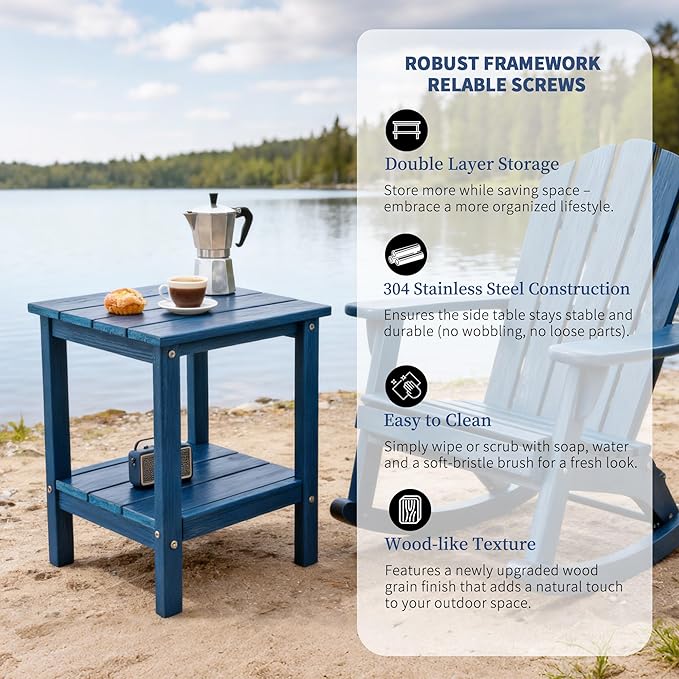 Outdoor Side Table Double Layer Small Side TablesAll Weather Adirondack Side Table Waterproof Outdoor End Tables for Patio Pool Porch (Navy Blue)