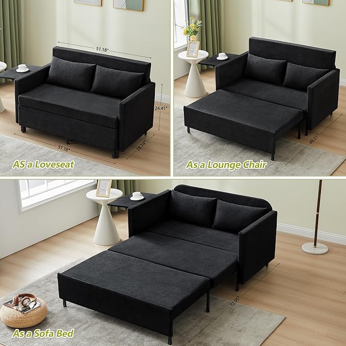 51'' Small Pull Out Sofa Bed 3-in-1 Convertible Sleeper Couch Bed Chenille Futon Sleeper Sofa with Side Table and 2 Pillows Modern Loveseat Couch for Living Room Bedroom Home Office (Black)