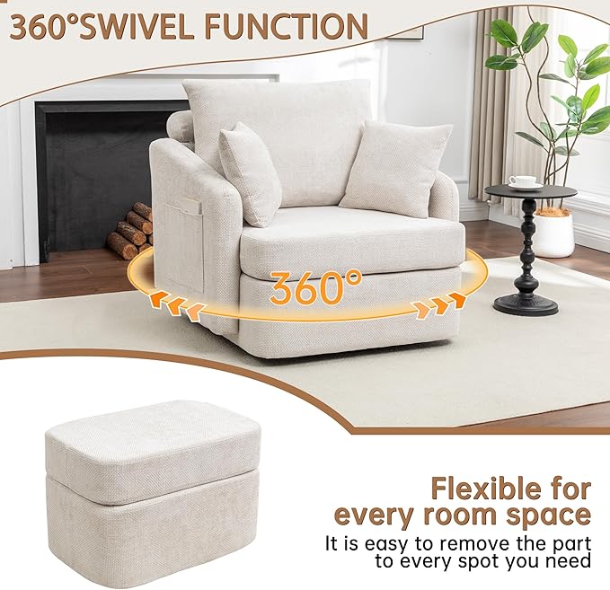 39''W Oversized Accent Chair with OttomanComfy Swivel Lounge Reading Chairs for Living RoomBedroom (Chenille Beige)