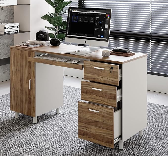 Modern Design Venice Computer Office Desk with 3 Locking Drawers and Storage Cabinet 53 Inch Home and Office Executive Walnut and White Desk with Keyboard Tray by Crafts and Comfort
