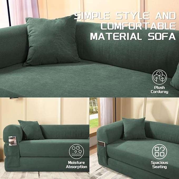 4-in-1 Folding Convertible Sofa Bed 80 Inch Oversized Corduroy Boneless Couch Loveseat Sleeper with Pull Out Bed Floor Sofa Modular Futon Teddy Sofa for Living Room Bedroom Lounge Light Green