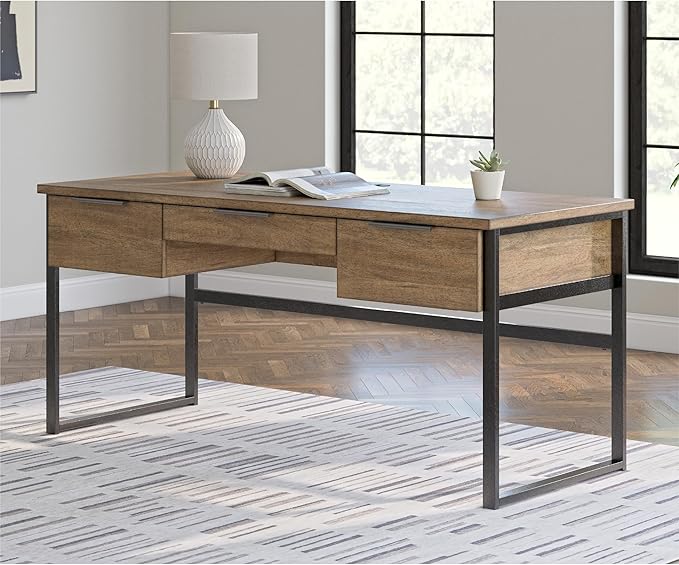 Signature Design by Ashley Montia Contemporary 67 Home Office Desk with Drawers and Cord Management Light Brown &amp Black
