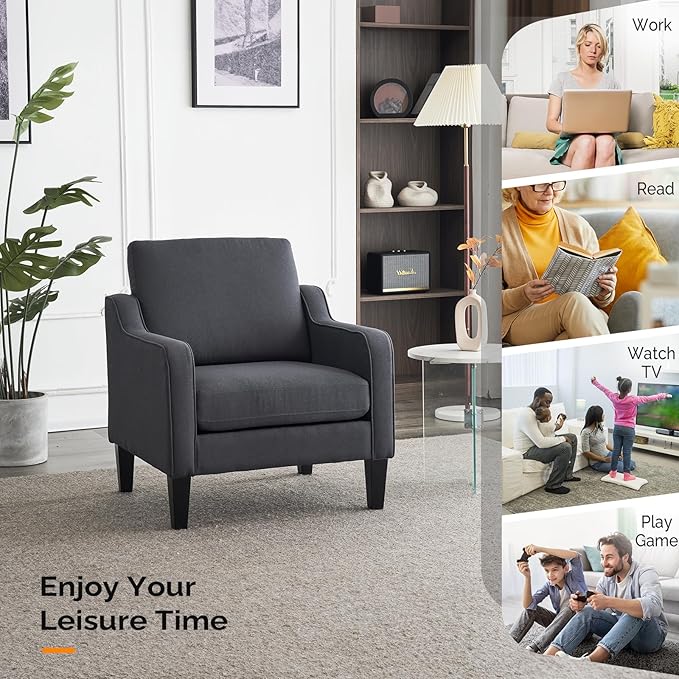 VINGLI Mid-Century Modern Accent Chair Dark Grey Linen Upholstered Comfortable &amp Supportive 380lbs Weight Limit Perfect for Living Room Bedroom Office
