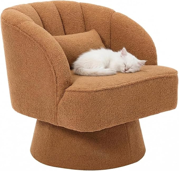 Modern 360° Swivel Barrel Accent Chair Teddy Fabric Upholstered Round Lounge Armchair with Striped Backrest &amp Plush Padding for Living Room Bedroom Reading Nook Brown