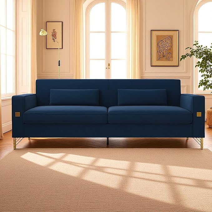 KEIKI 86 Oversized Luxury Velvet Sofa with Armrest and Removable Plush Cushions Gold Accents 3-Seater Couch with Solid Legs Easy Assembly for Living Room Bedroom Apartment Blue