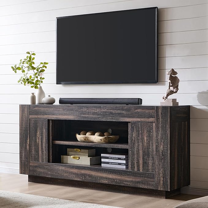 OKD Modern 70 TV Stand Entertainment Center for TVs Up to 80 Media Console with Large Open Storage &amp Side Cabinets Thick Wood Design for Living Room Dark Rustic Oak