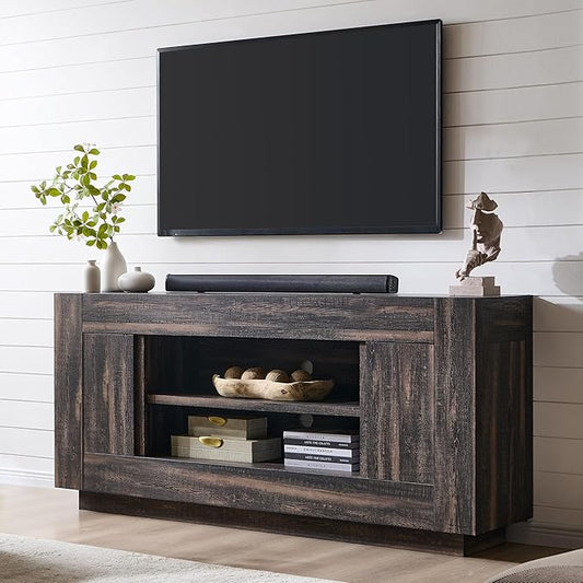 OKD Modern 70 TV Stand Entertainment Center for TVs Up to 80 Media Console with Large Open Storage &amp Side Cabinets Thick Wood Design for Living Room Dark Rustic Oak