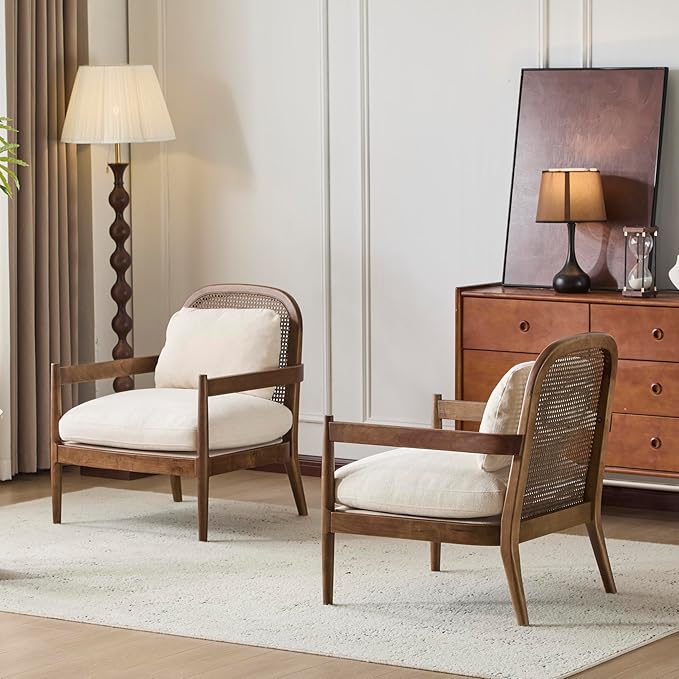 Christopher Knight Home Nadine Modern Club Chair Set of 2 with Cushion Wooden Living Room Accent Chair with Rattan Open Back Bedroom Comfy Reading Chair Beige+Light Brown