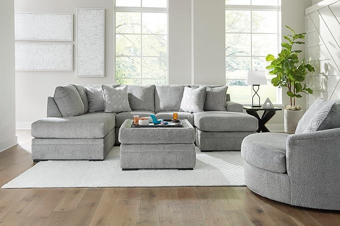 Signature Design by Ashley Casselbury Contemporary Upholstered Oversized Swivel Accent Chair with 3 Throw Pillows Light Gray