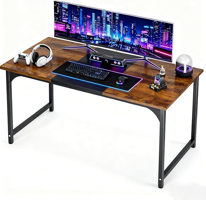 55inch Computer Desk with Deeper Carbon Fiber Desktop Gaming Office Desk with Sturdy Metal FrameHome Office Desk for Gaming Working Studying Rustic Brown
