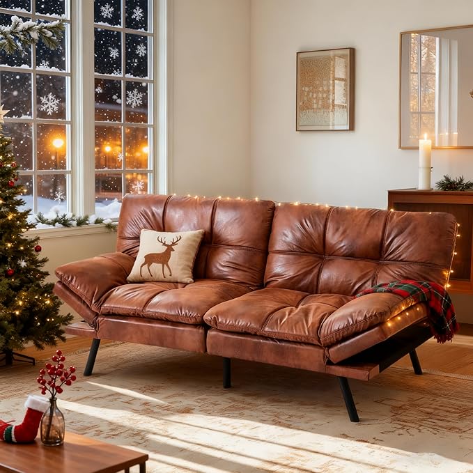 MUUEGM Futon Sofa Bed 71 Walnut Convertible Memory Foam Futon Couch Bed Modern Loveseat Sleeper with Adjustable Backrests Armrests for Living RoomSmall SpaceOffice