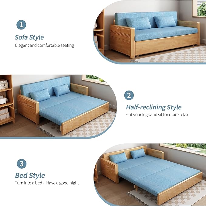 71 Blue Cushion Convertible Sofa Sleepersectional Sleeper Sofa with Reversible ChaiseLog Color Wood Sofa Bed 3 in 1 Pull Out CouchWooden Sofa Bed for livingroomApartmentBedroomOffice