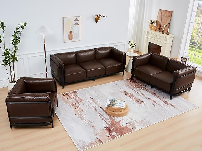 3 Piece Living Room Sofa set Mid-Century Modern Upholstered Couch Chair Faux Leather Sofa Couch with Iron Frame and Upholstered Armrest Backrest Cushion for Living Room Office Apartment (Brown)