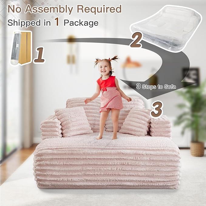 56 Oversized Chaise Lounge Chair IndoorPlush Faux Fur Sleeper Sofa Couch Bed with Pillows&ampWide ArmrestsFluffy Comfy Cloud CouchCompression Foam Couch for Living RoomBedroom(Pink)