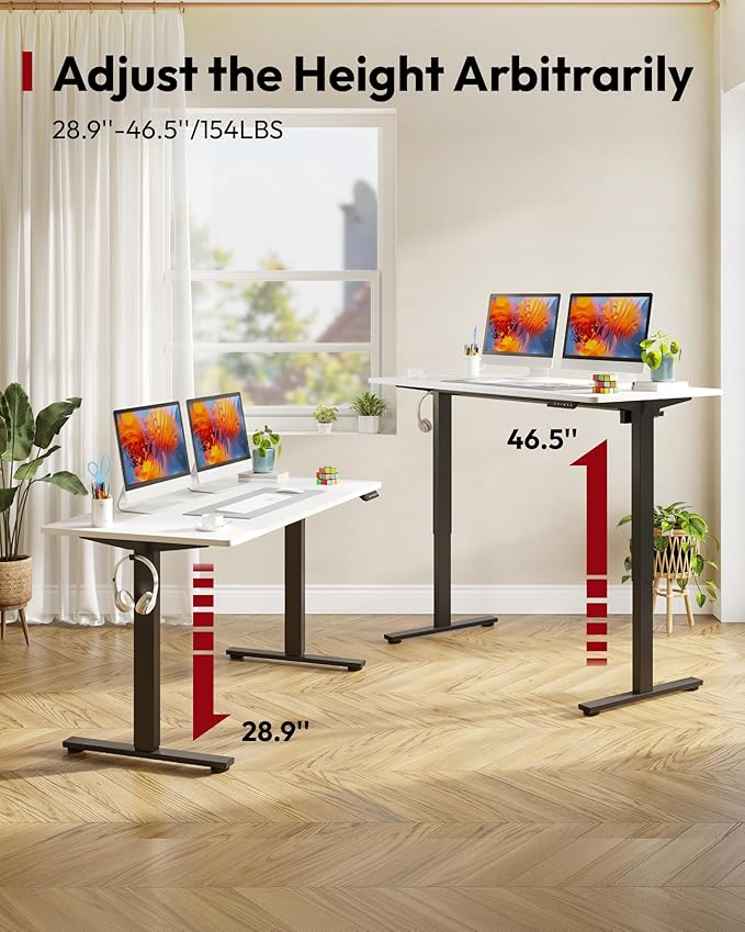 SANODESK Electric Standing Desk 55 x 28 Inches Whole-Piece Desktop Height Adjustable Stand Up Desk w/6-Button Controller Ergonomic Computer Desk for Home Office Black Frame + White Tabletop