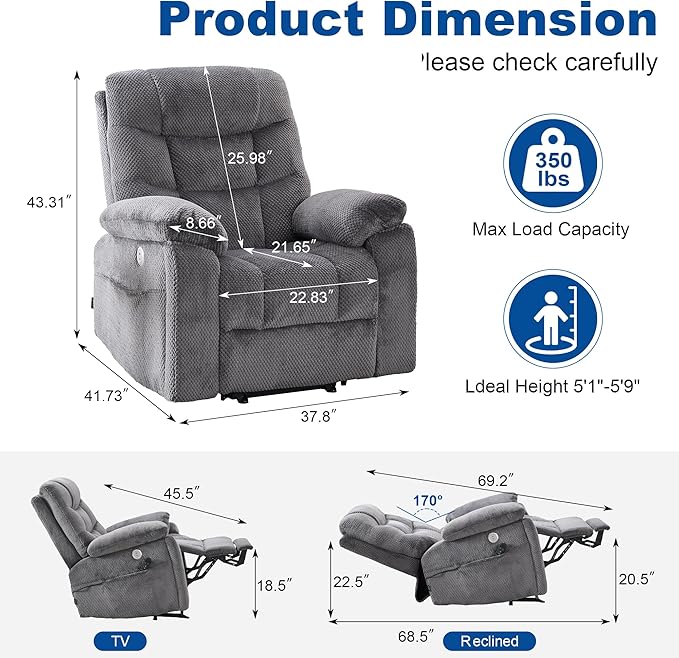 Oversized Power Lift Recliner Dual Motor Elderly Lift Chair with Independent Backrest &amp Footrest Adjustment Hidden Cupholder USB-A/USB-C Charging Ports Lounge Chair for Living Room