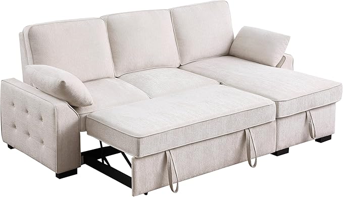 ERYE L-Shaped Pull Out Sleeper Couch Bed Modern Chenille Upholstered Button Tufted Corner Couch Reversible Sectional Sleeper Sofa Bed W/Storage Chaise Cup Holders
