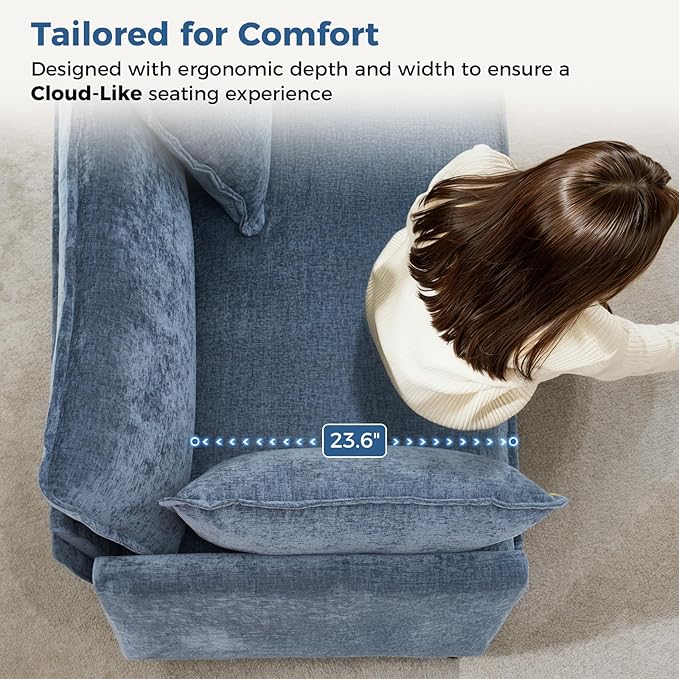 Redlife 133 Modular Sectional 3-Seater Sofa with Ottoman Chenille Couch Set with Spring &amp Double Foam Cushion System Removable Covers Easy to Assembly Blue