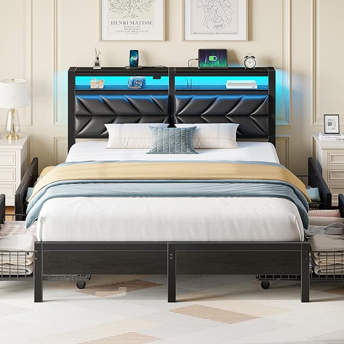 Seventable Queen Bed Frame with 4 Storage Drawers Charging Station &amp LED Lights Upholstered Headboard with 2-Tier Shelves Metal Platform Bed No Box Spring Needed Noise-Free Black