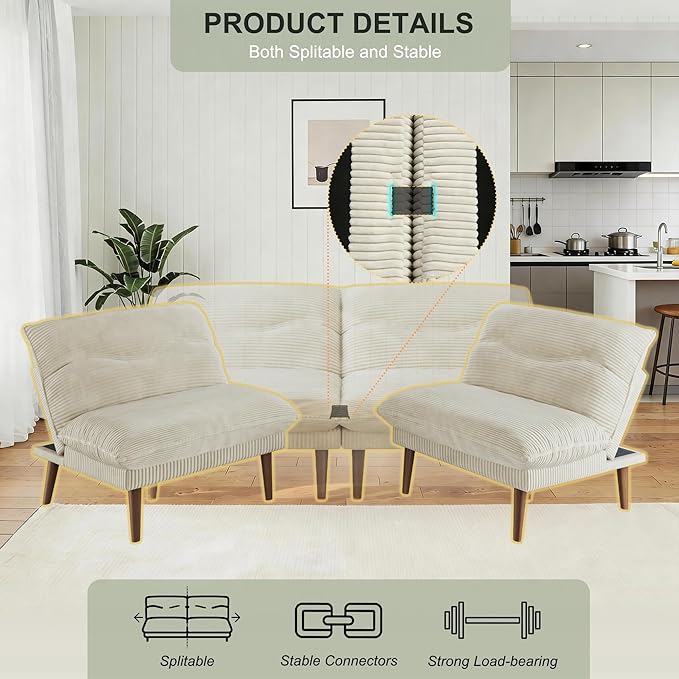 LLappuil Futon Sofa Bed 75 Futon Couch with Adjustable Backrest Corduroy Convertible Recliner Sleeper Sofa 4 in 1 Recliner Chair for Small Space Living Room Apartment Guest Room or Office Beige
