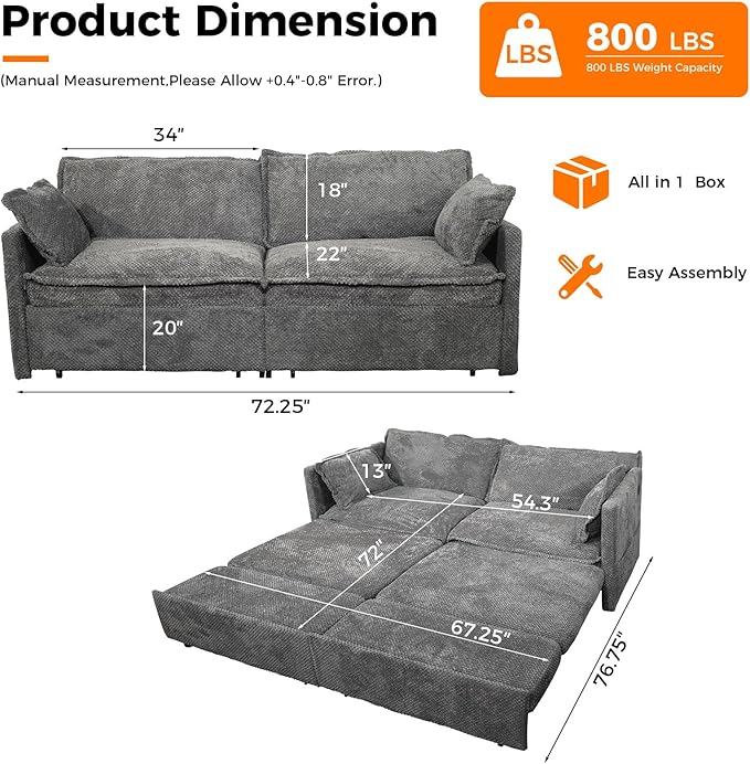 King Size Pull Out Sleeper Sofa Bed Convertible Corduroy Futon Couch with USB Ports &amp Storage Pockets Large Upholstered Loveseat Guest Bed for Living Room Grey