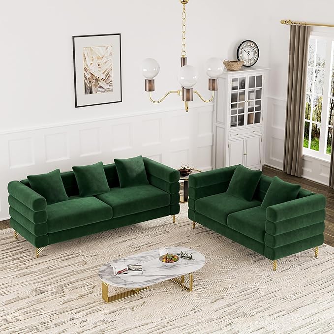 OUYESSIR Living Room Sofa Couch and Loveseat Set Modern Comfy Velvet Deep Seat Cloud Couch with 5 Pillows Oversized Sofa Furniture Sets for Living Room Bedroom Emerald Green Velvet