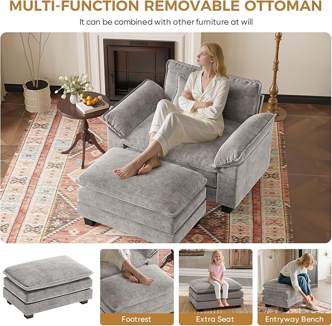HUSFU 49.5'' Oversized Accent Chair with Ottoman Chenille Cloud Couch Chair with Deep Seat and Extra Wide Armrests Comfy Reading Armchair for Bedroom Living Room Set of 2 Gray