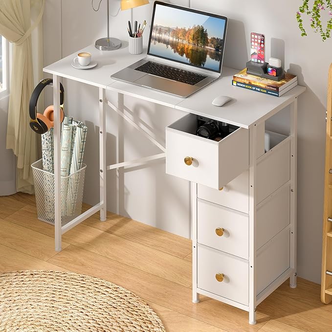 Small White Desk with Drawers for Bedroom 35.4 Inch Kids Girls Teens Student Writing Desk with Storage Reversible Study Table White Computer Desk for Home Office Makeup Vanity Desk for Small Space