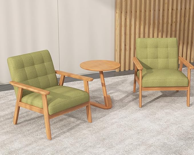 Modern Accent Chair with Wooden Table Upholstered Linen Fabric Leisure Side Chair with Arm Rest and Wooden Frame for Living Room Bedroom Reading (Green)