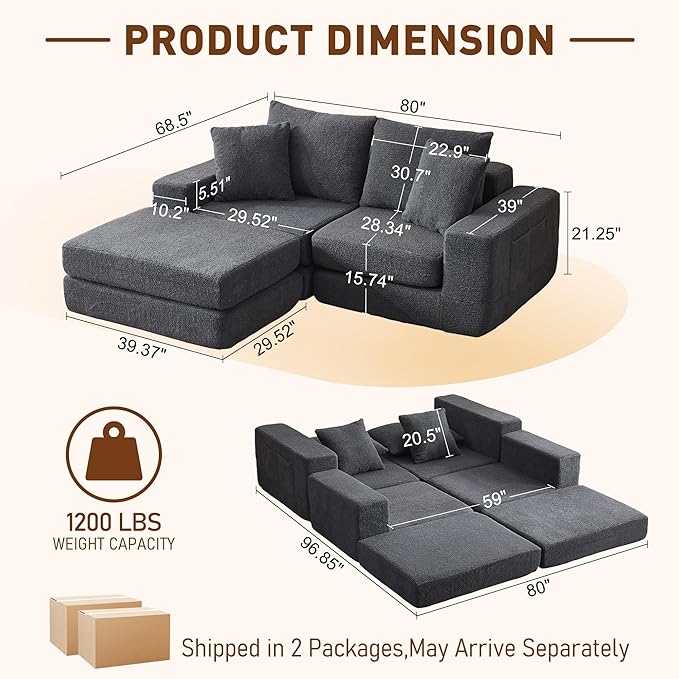 80'' Modular Sectional Couch with L-Shape Chaise Modern Boneless Loveseat Cloud Couch for Living Room Sofa Bed with Deep Seat No Assembly Sleeper Sofa for Living room Apartment and Bedroom